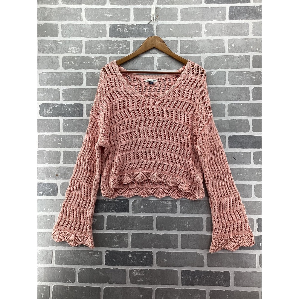 American Eagle Pink Open Knit Crochet V-Neck Cropped Sweater Bell Sleeve Medium